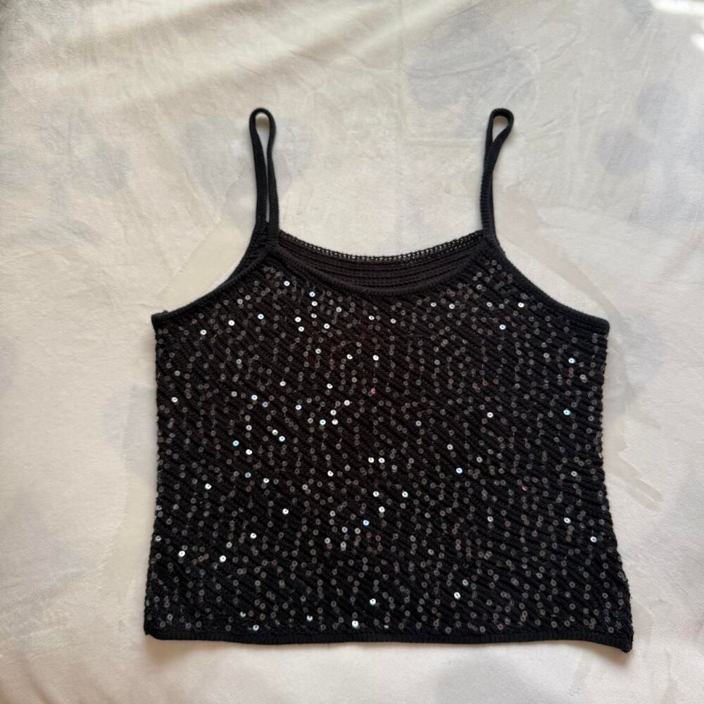 y2k black knit crochet tank top cami with clear sequins festival glam